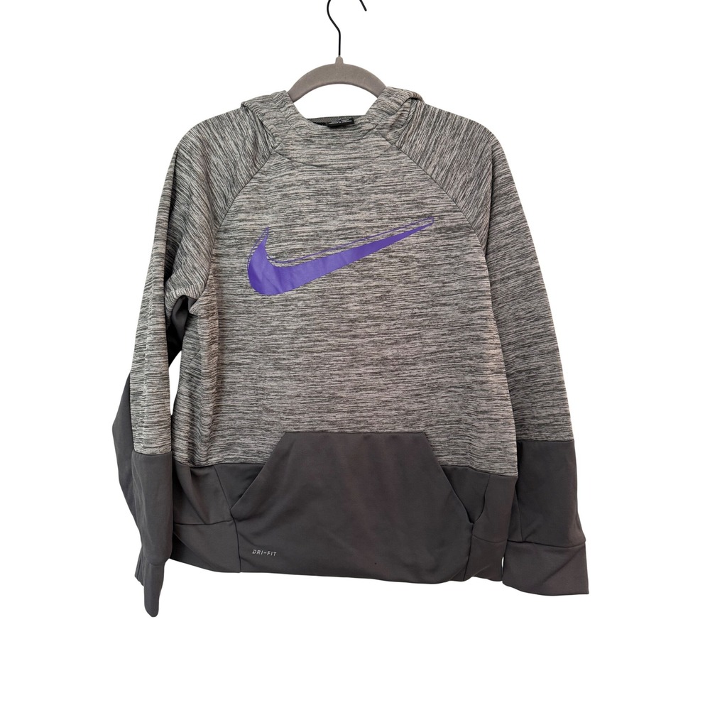 Nike Dri-FIT Hoodie Kids XL Gray Space Dye Purple Swoosh Pullover Sweatshirt
